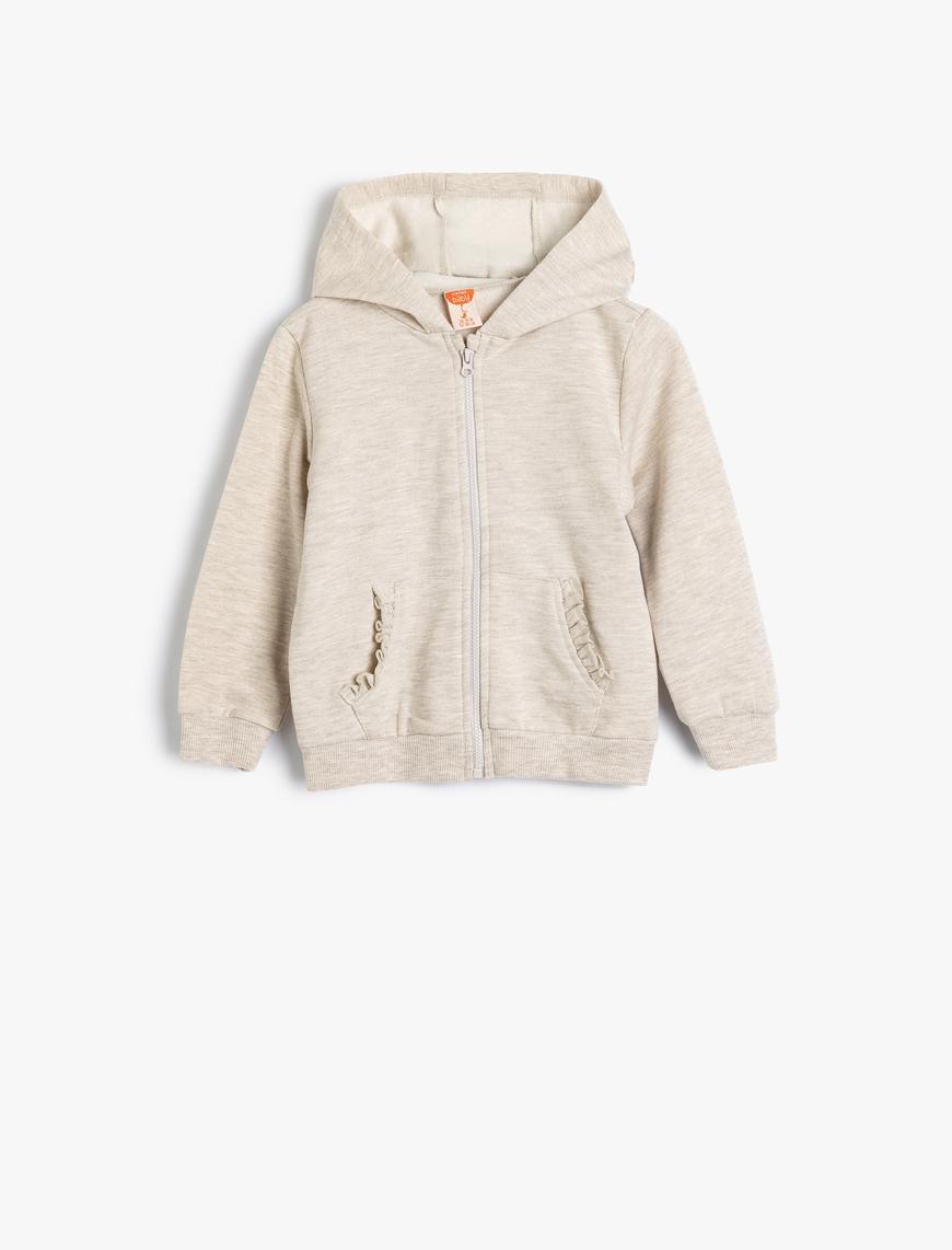  Kız Bebek Sweatshirt Kapşonlu Fermuarlı Uzun Kollu Fırfır Detaylı Şardonlu