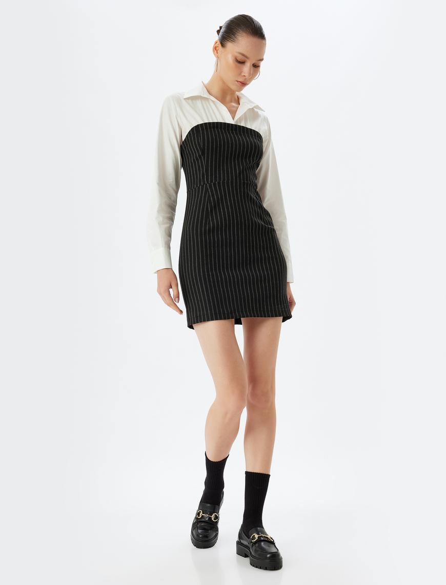   Gömlek Yaka Bodycon Mini Elbise Uzun Kollu