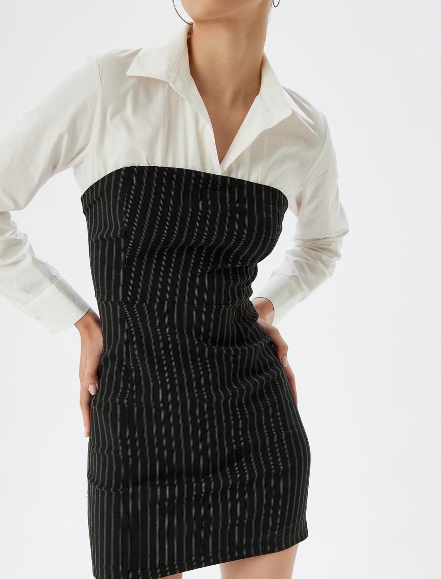   Gömlek Yaka Bodycon Mini Elbise Uzun Kollu