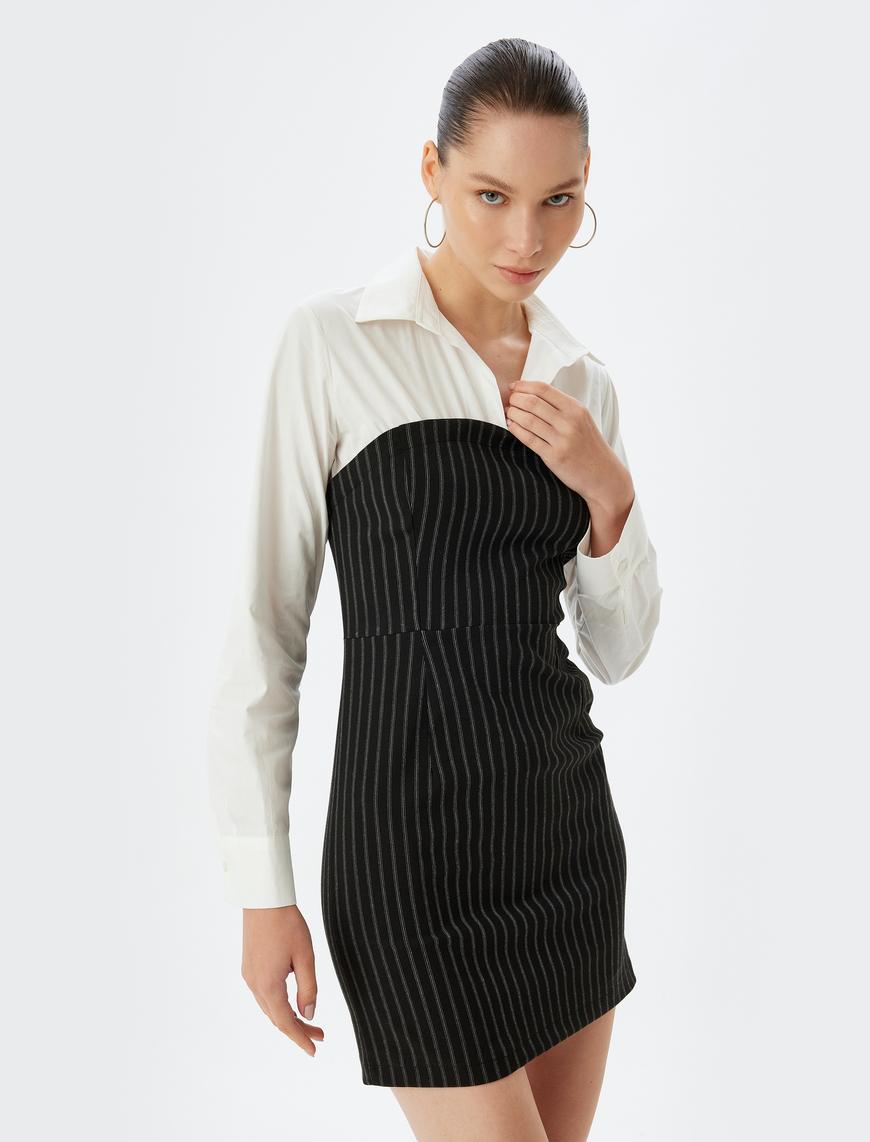   Gömlek Yaka Bodycon Mini Elbise Uzun Kollu