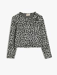 Bluz Leopar Desenli Uzun Kollu Pencere Detaylı Bisiklet Yaka