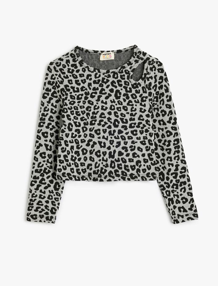 Kız Çocuk Bluz Leopar Desenli Uzun Kollu Pencere Detaylı Bisiklet Yaka