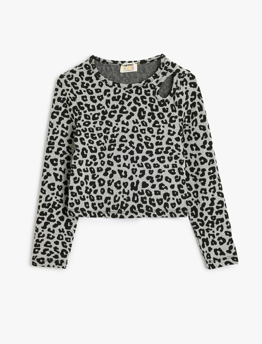  Kız Çocuk Bluz Leopar Desenli Uzun Kollu Pencere Detaylı Bisiklet Yaka