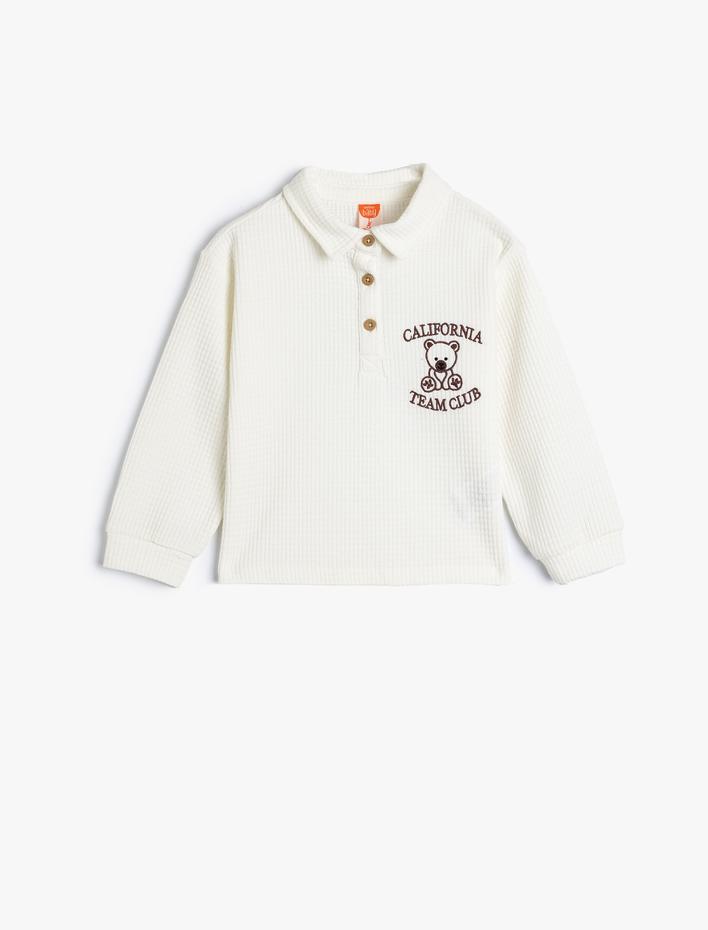 Kız Bebek Polo Yaka Sweatshirt İşleme Detaylı Uzun Kollu Dokulu