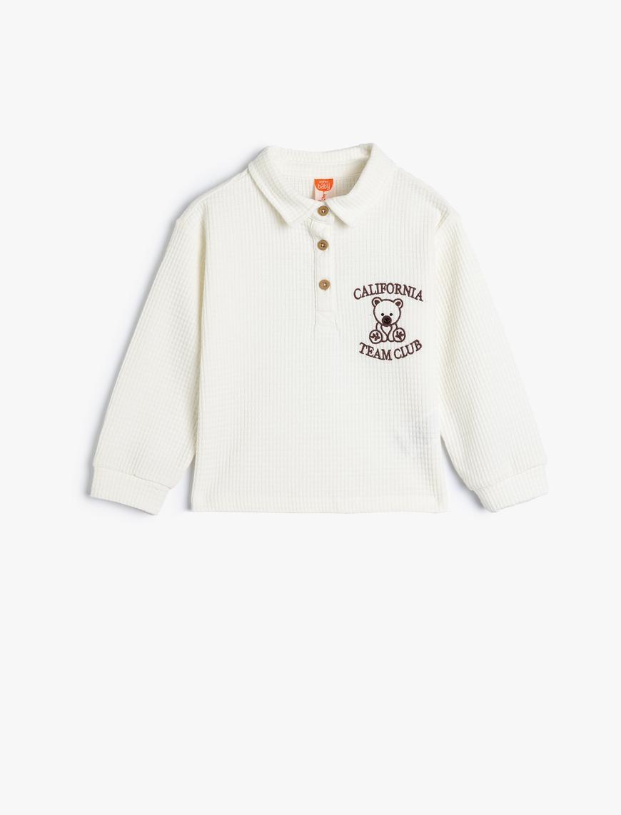  Kız Bebek Polo Yaka Sweatshirt İşleme Detaylı Uzun Kollu Dokulu