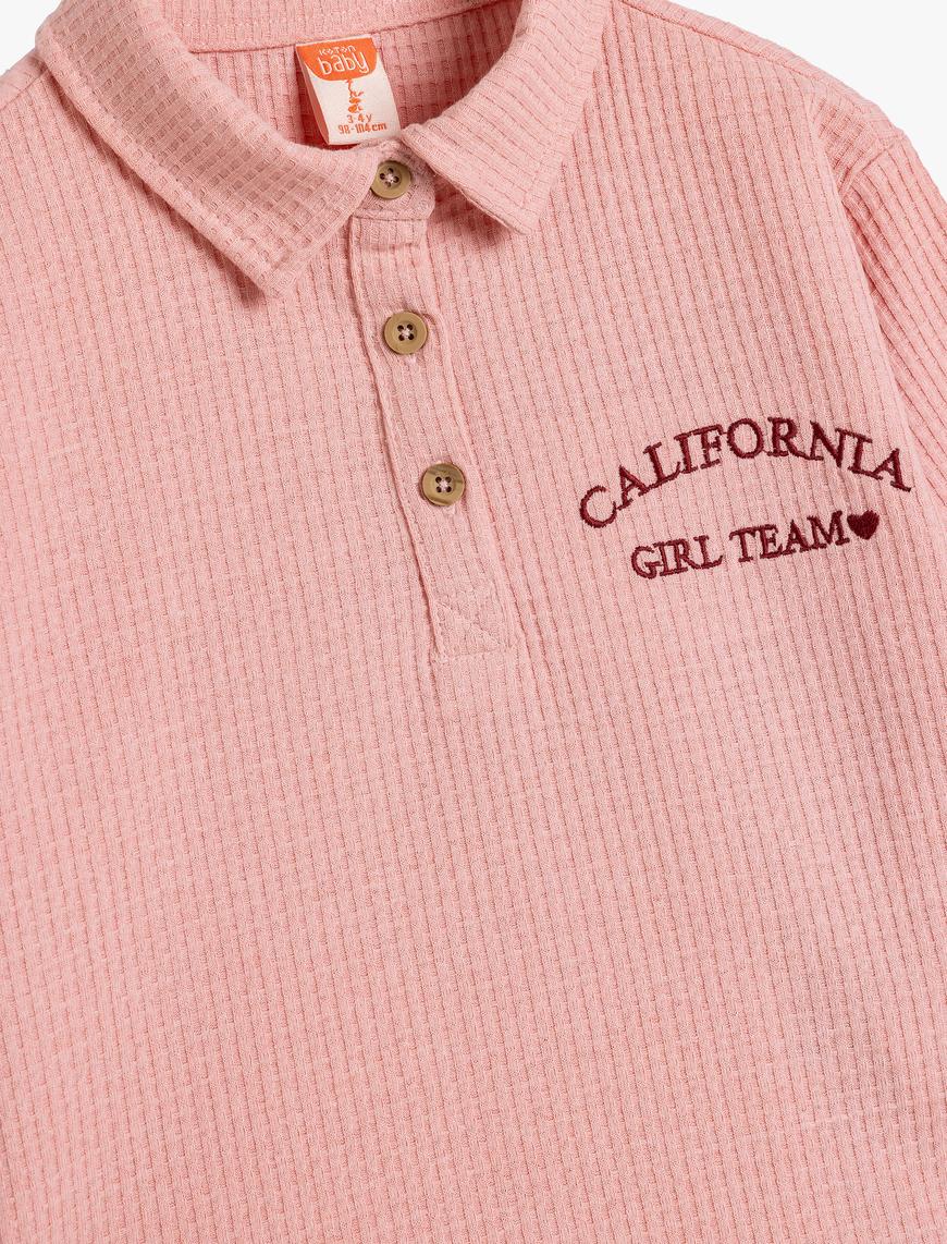  Kız Bebek Polo Yaka Sweatshirt İşleme Detaylı Uzun Kollu Dokulu