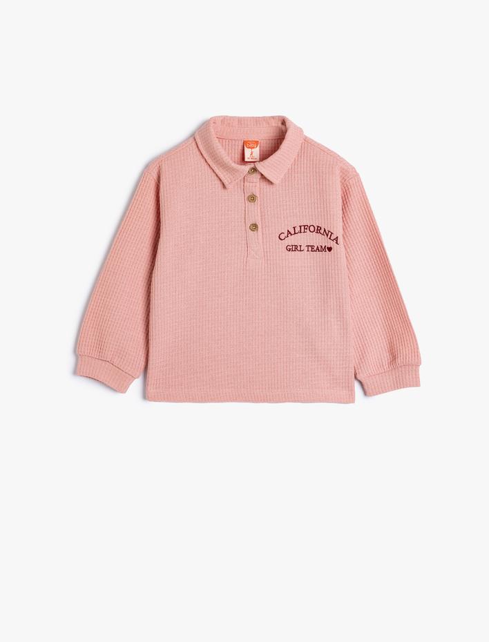 Kız Bebek Polo Yaka Sweatshirt İşleme Detaylı Uzun Kollu Dokulu