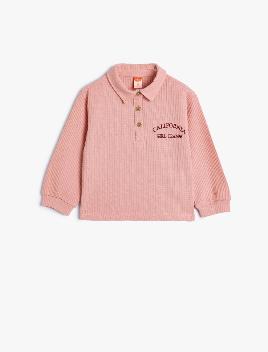  Kız Bebek Polo Yaka Sweatshirt İşleme Detaylı Uzun Kollu Dokulu