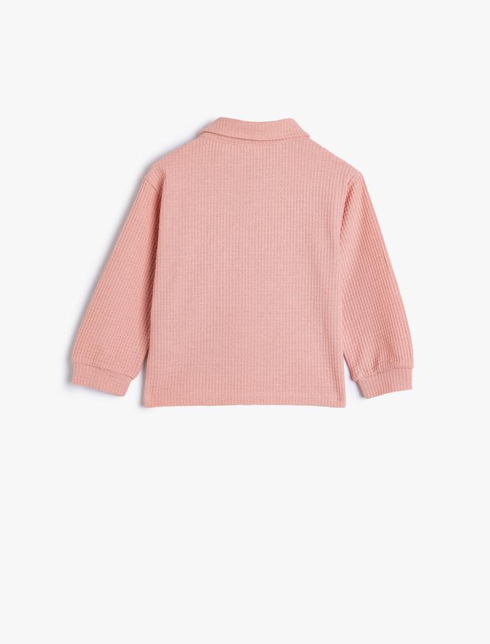 Kız Bebek Polo Yaka Sweatshirt İşleme Detaylı Uzun Kollu Dokulu
