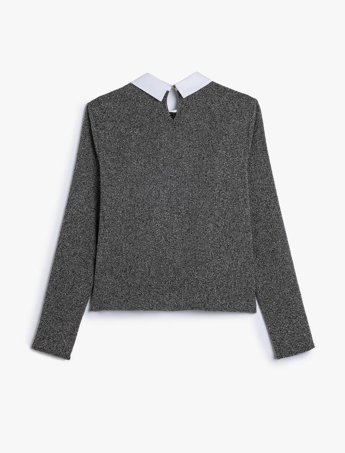  Taşlı Gömlek Yaka Bluz Uzun Kollu Slim Fit