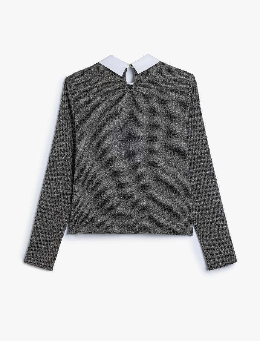   Taşlı Gömlek Yaka Bluz Uzun Kollu Slim Fit