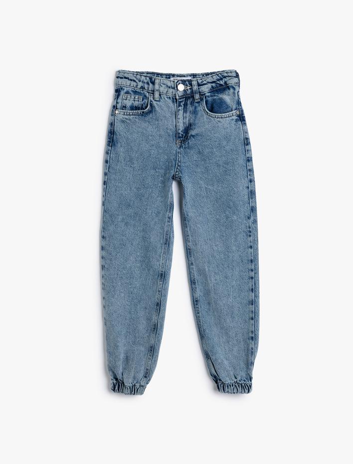 Kız Çocuk Kot Pantolon Beli ve Paçası Lastikli Pamuklu - Jegging Jean