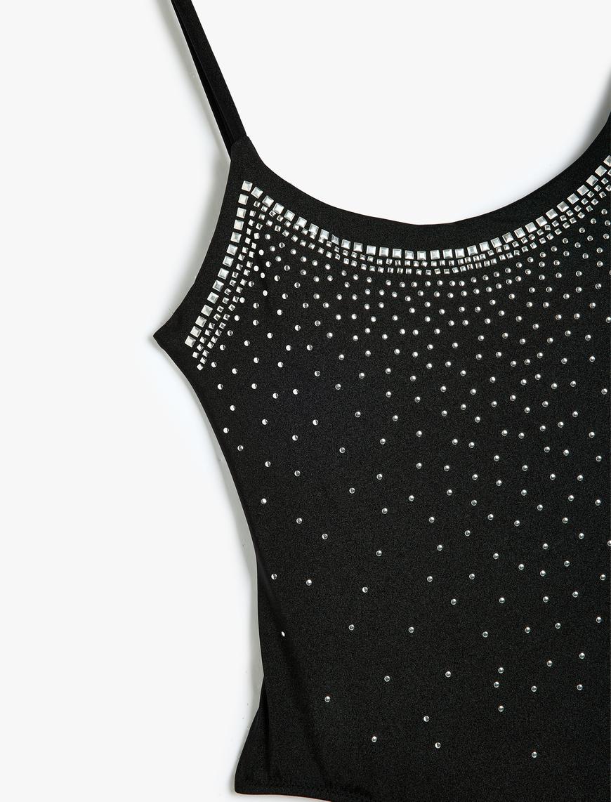   Taşlı Mayo İnce Askılı Slim Fit Astarlı Pedli