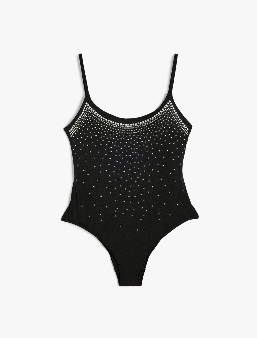   Taşlı Mayo İnce Askılı Slim Fit Astarlı Pedli