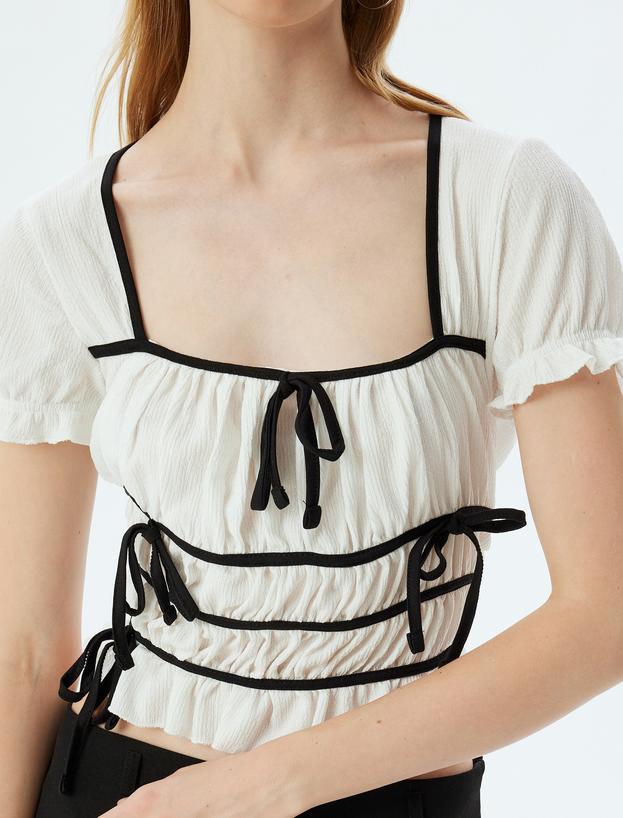 Balon Kol Tişört Fiyonk Detaylı Kare Yaka Kısa Kollu Slim Fit_4