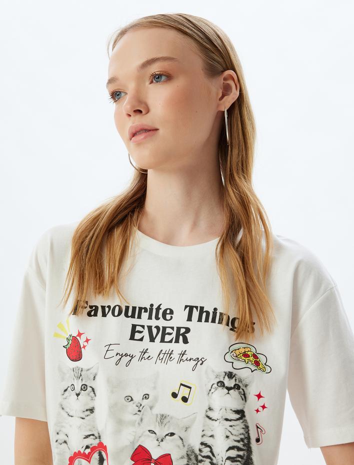  Oversize Tişört Kedi Baskılı Bisiklet Yaka Kısa Kollu Pamuklu