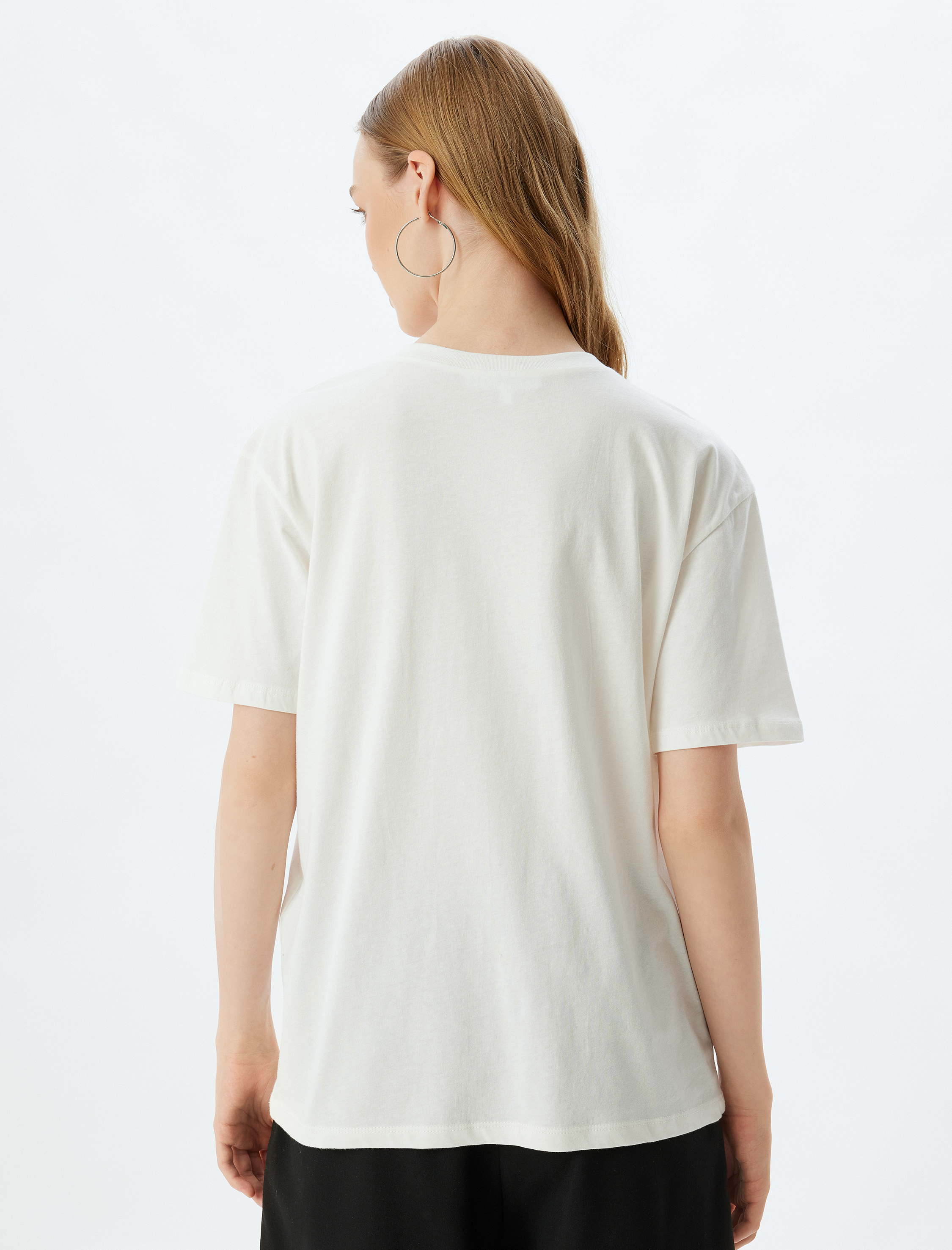   Oversize Tişört Kedi Baskılı Bisiklet Yaka Kısa Kollu Pamuklu