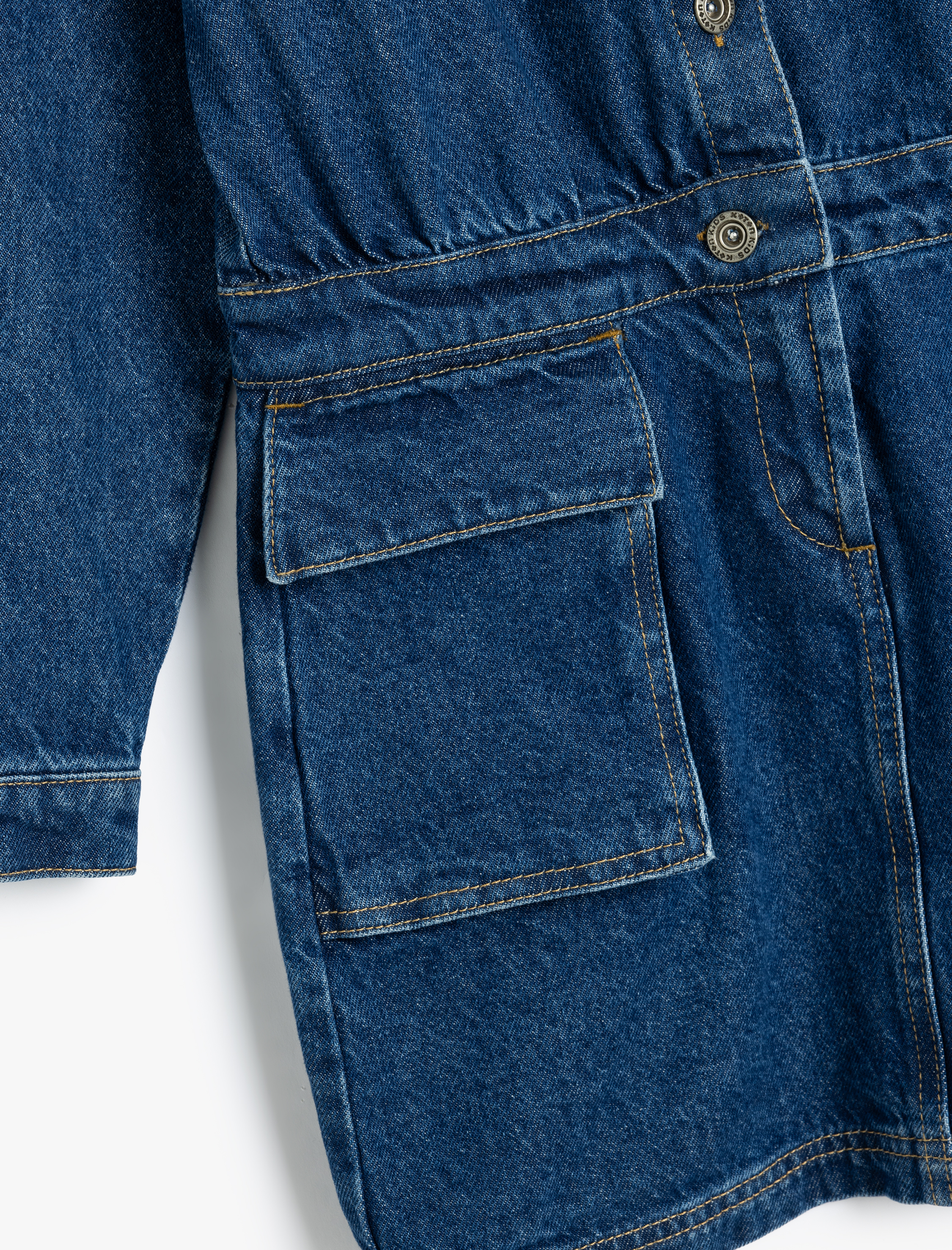  Kız Çocuk Kot Elbise Polo Yaka Uzun Kollu Kapaklı Cepli Düğme Detaylı