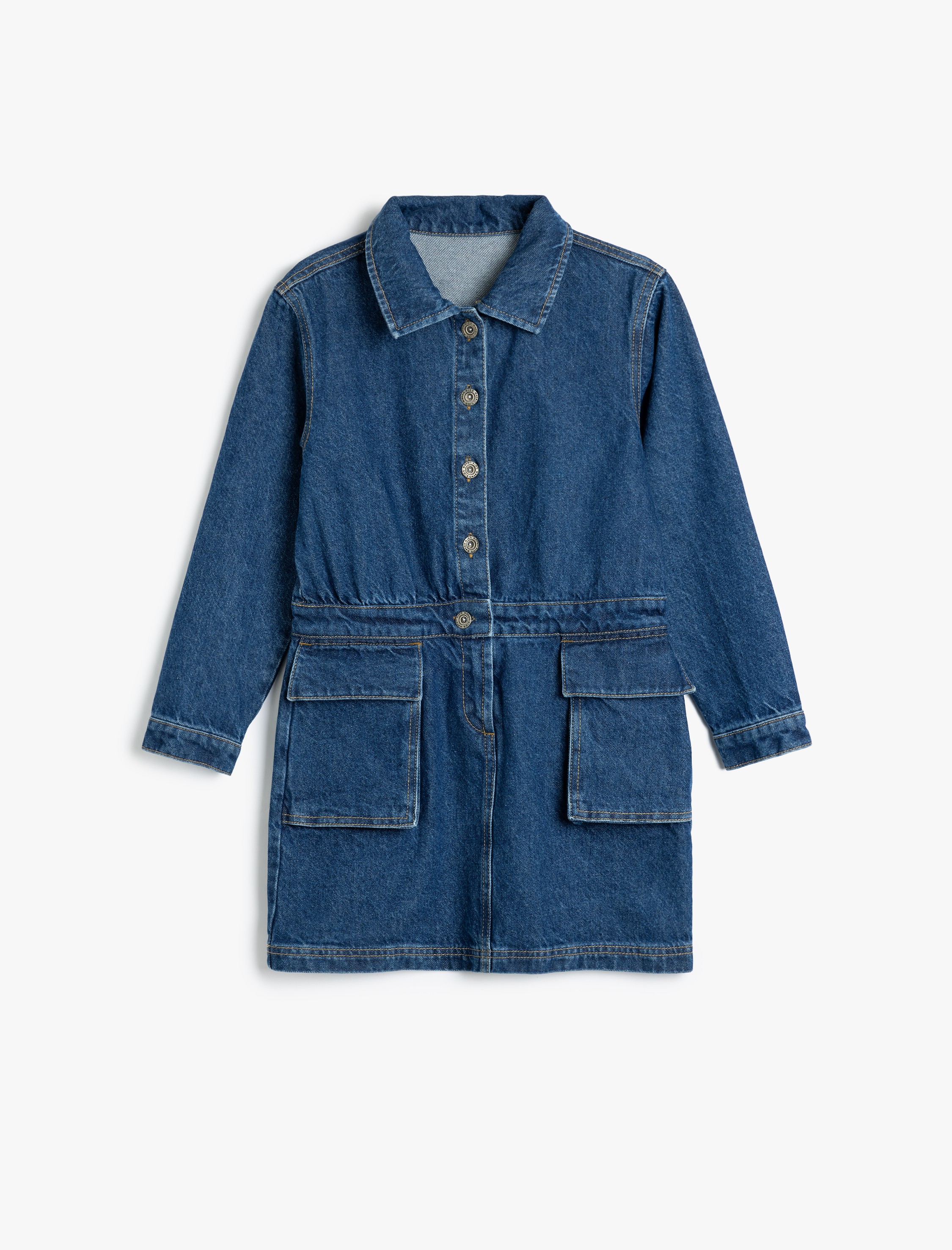  Kız Çocuk Kot Elbise Polo Yaka Uzun Kollu Kapaklı Cepli Düğme Detaylı