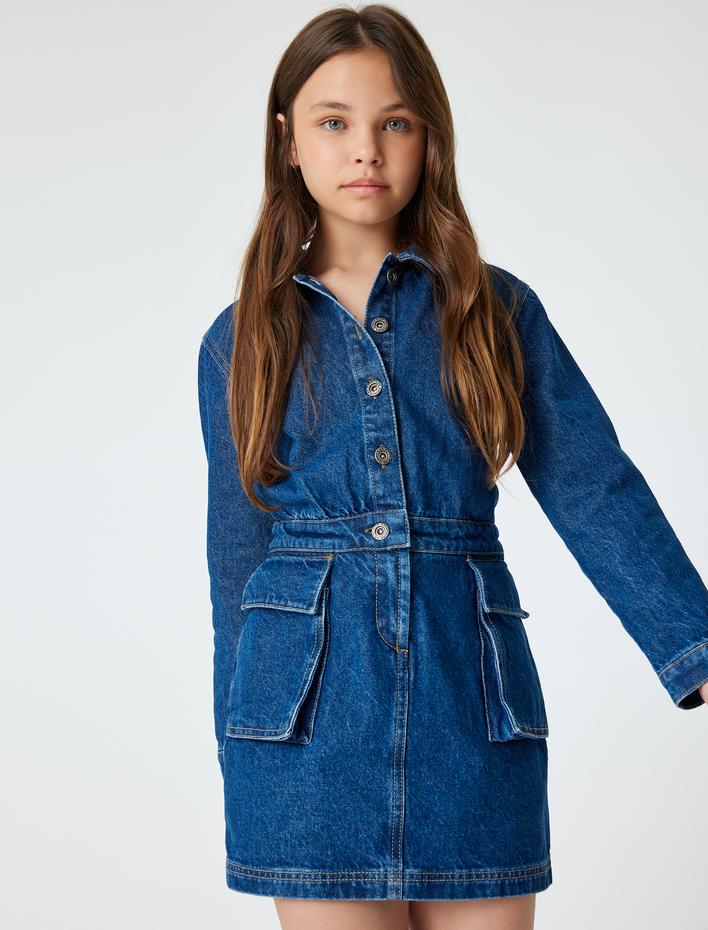 Kız Çocuk Kot Elbise Polo Yaka Uzun Kollu Kapaklı Cepli Düğme Detaylı