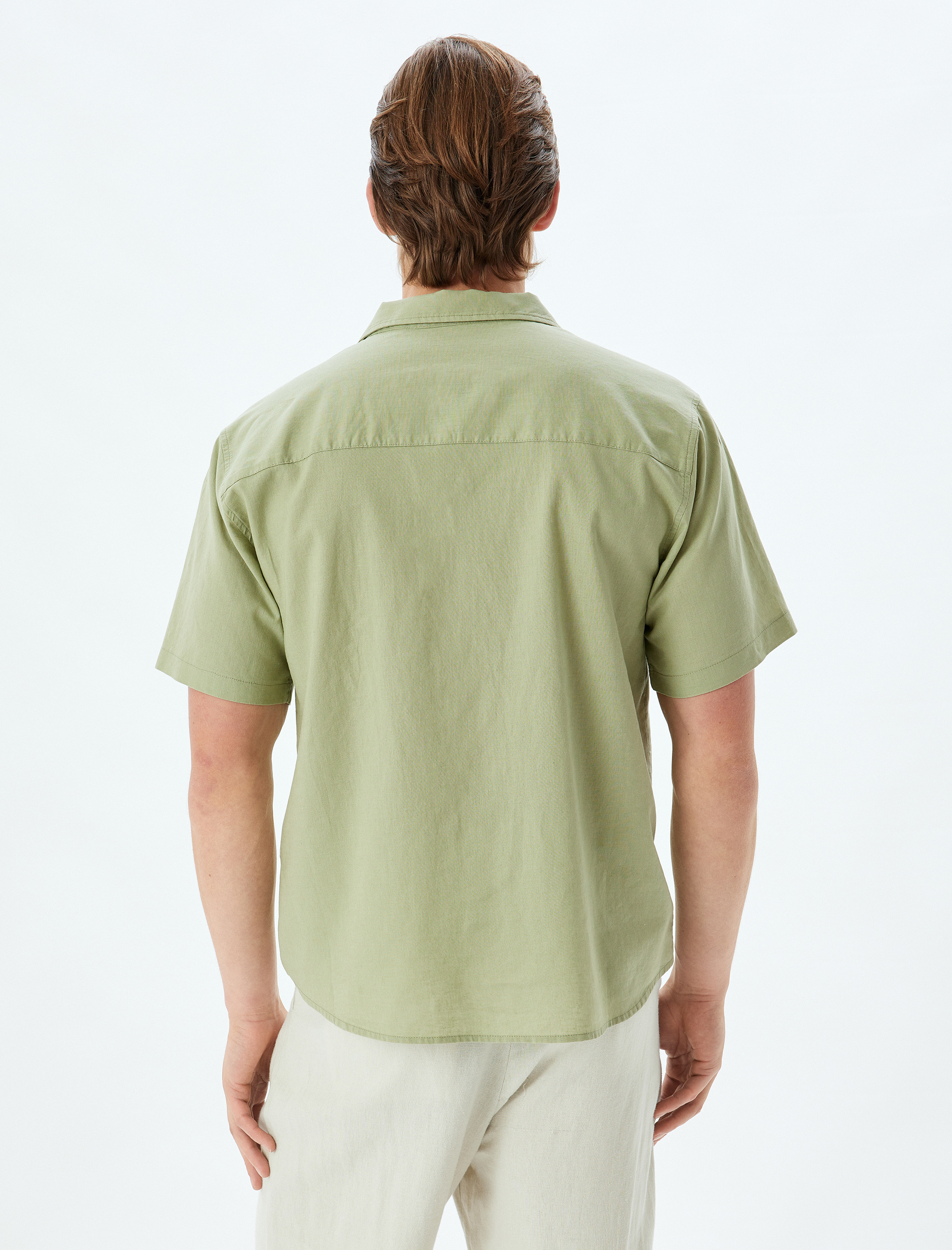   Keten Karışımlı Gömlek Kısa Kollu Basic Cep Detaylı Regular Fit