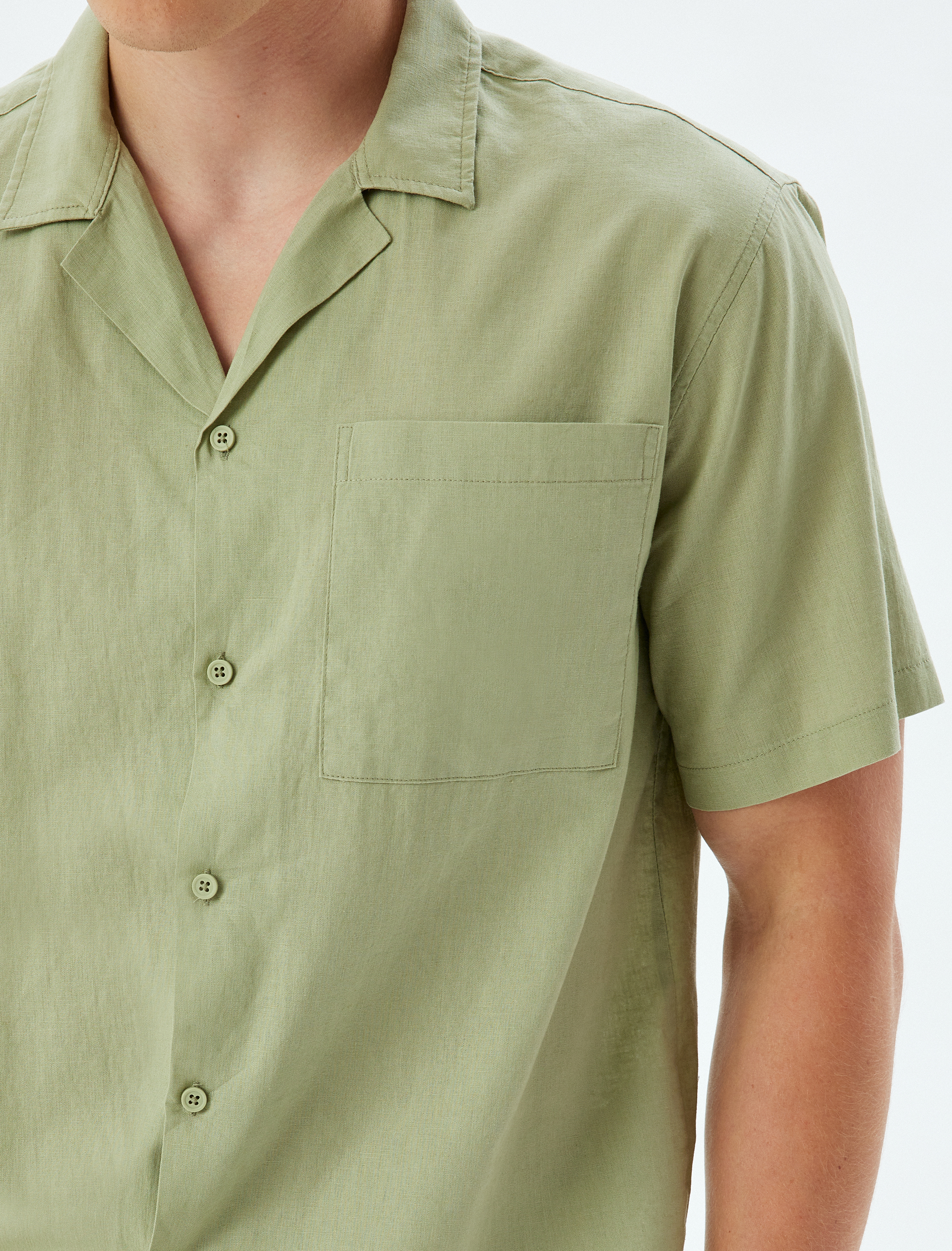   Keten Karışımlı Gömlek Kısa Kollu Basic Cep Detaylı Regular Fit