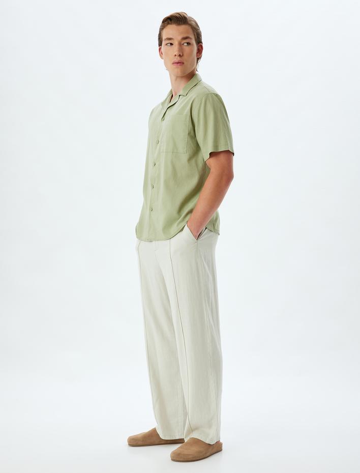  Keten Karışımlı Gömlek Kısa Kollu Basic Cep Detaylı Regular Fit