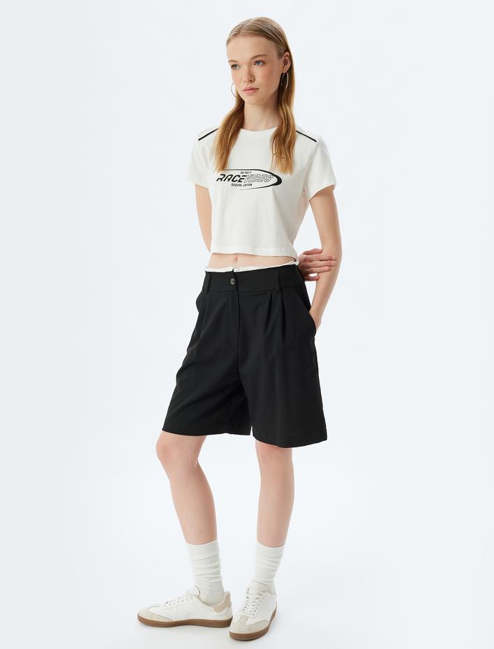  Arkası Slogan Baskılı Kısa Kollu Bisiklet Yaka Crop Tişört