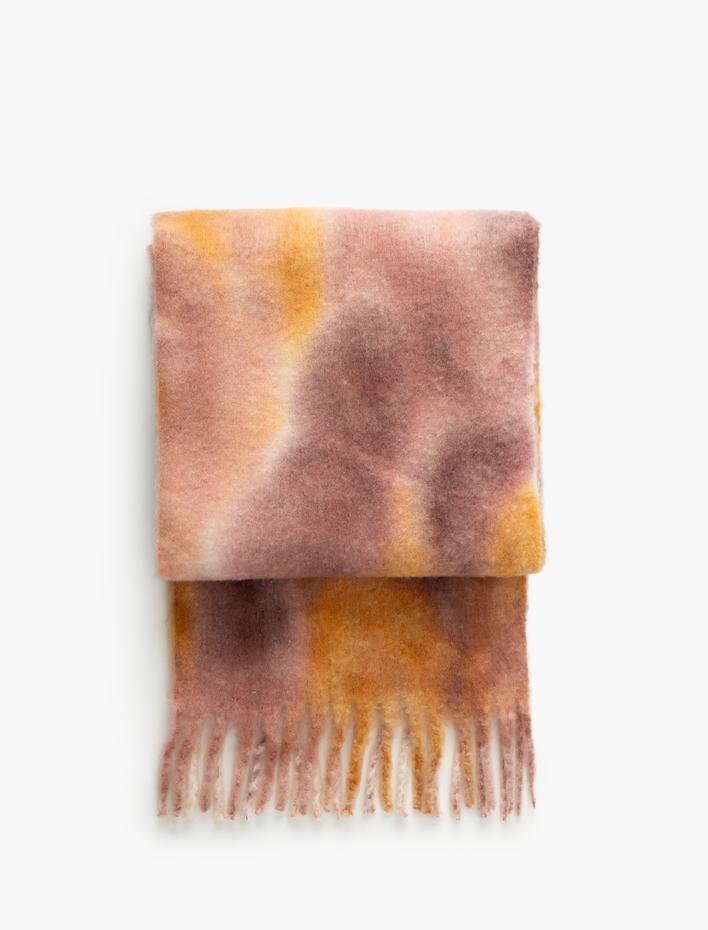 Kadın Uzun Atkı Püskül Detaylı Soyut Desenli Yumuşak Dokulu