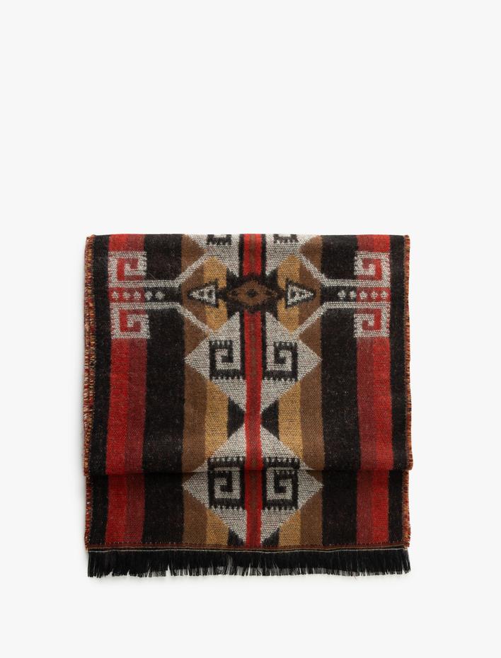 Kadın Uzun Atkı Etnik Desenli Püsküllü