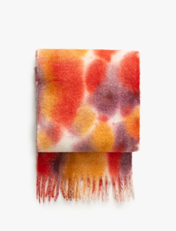 Kadın Uzun Atkı Püskül Detaylı Soyut Desenli Yumuşak Dokulu