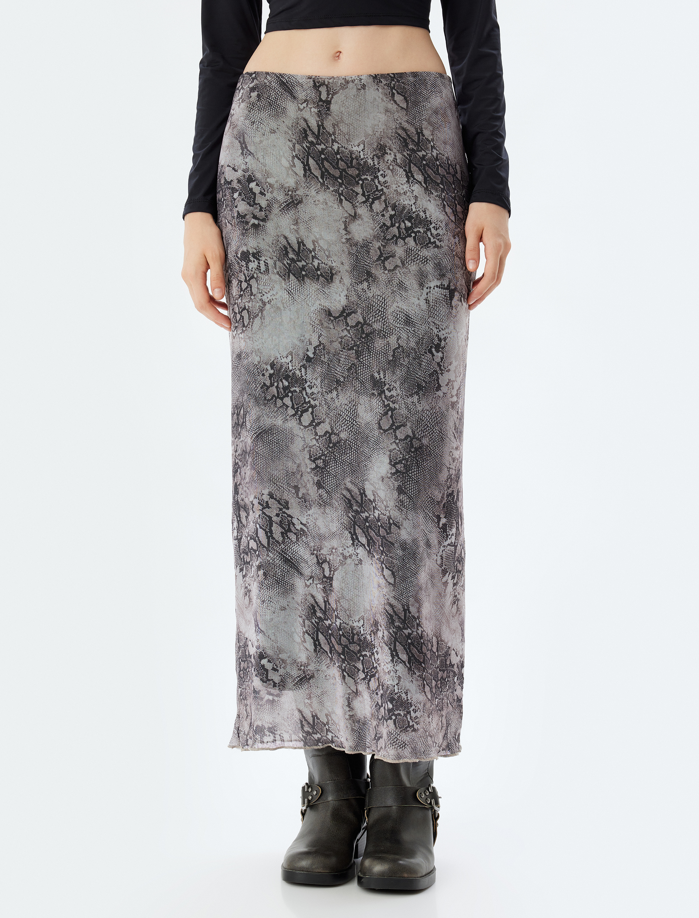   Tül Midi Etek Soyut Desenli Beli Lastikli Astarlı