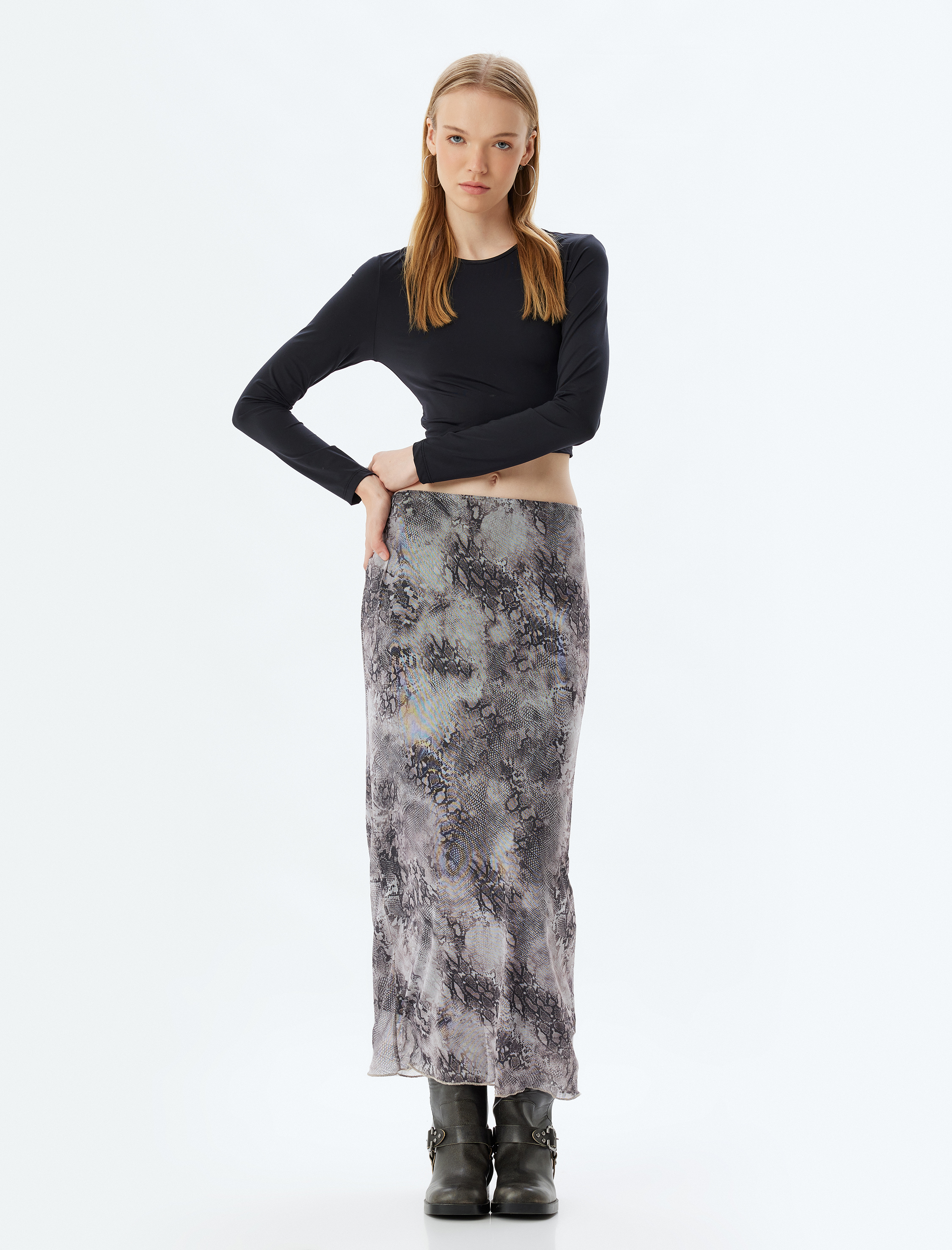   Tül Midi Etek Soyut Desenli Beli Lastikli Astarlı