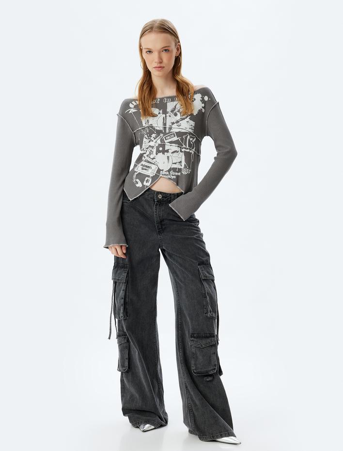  Uzun Kollu Tişört Fitilli Baskılı Kayık Yaka Asimetrik Kesim Slim Fit