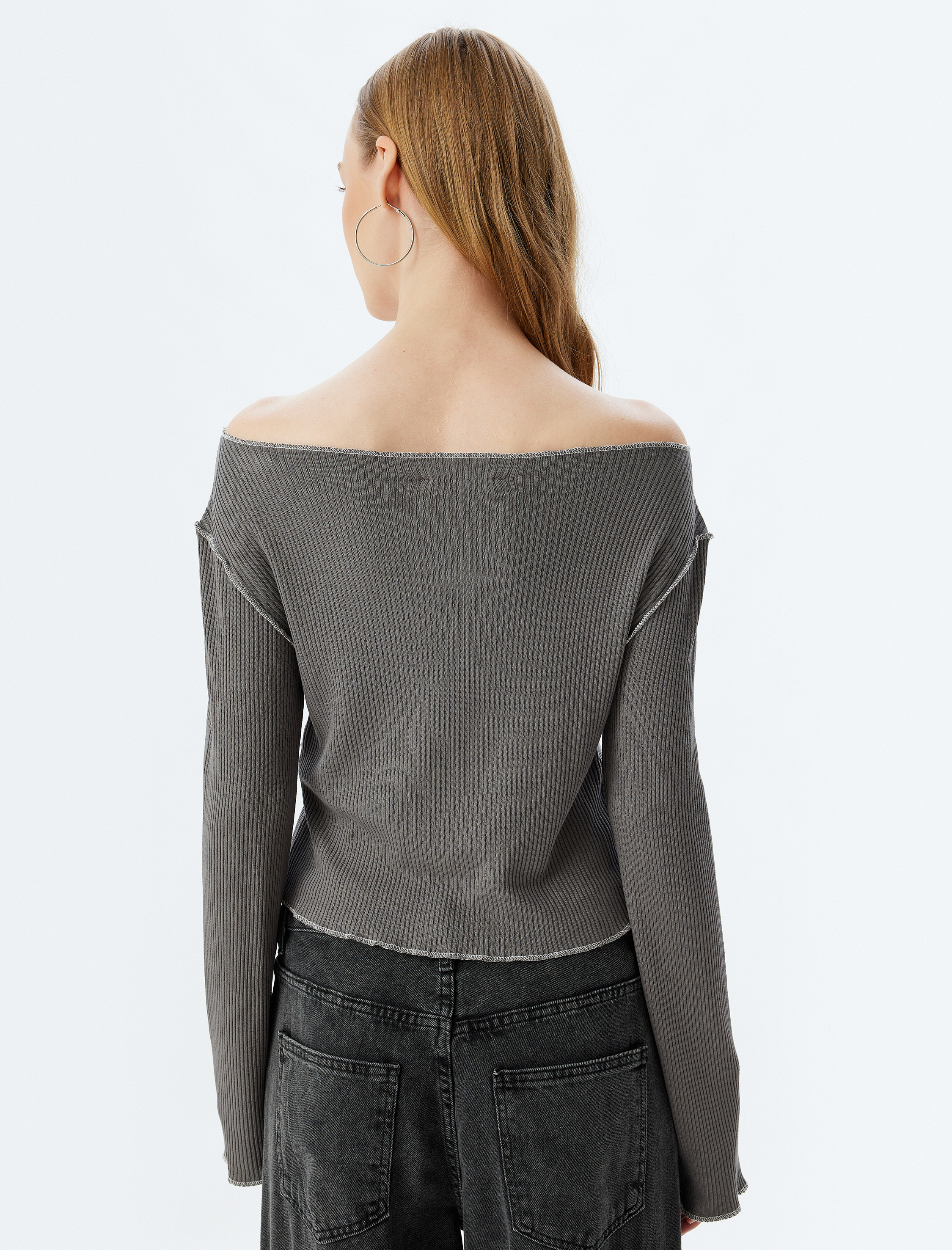   Uzun Kollu Tişört Fitilli Baskılı Kayık Yaka Asimetrik Kesim Slim Fit