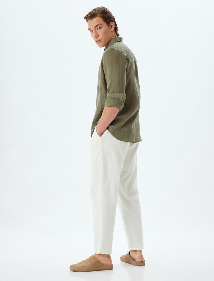  Keten Gömlek Uzun Kollu Düğmeli Yaka Detaylı Regular Fit