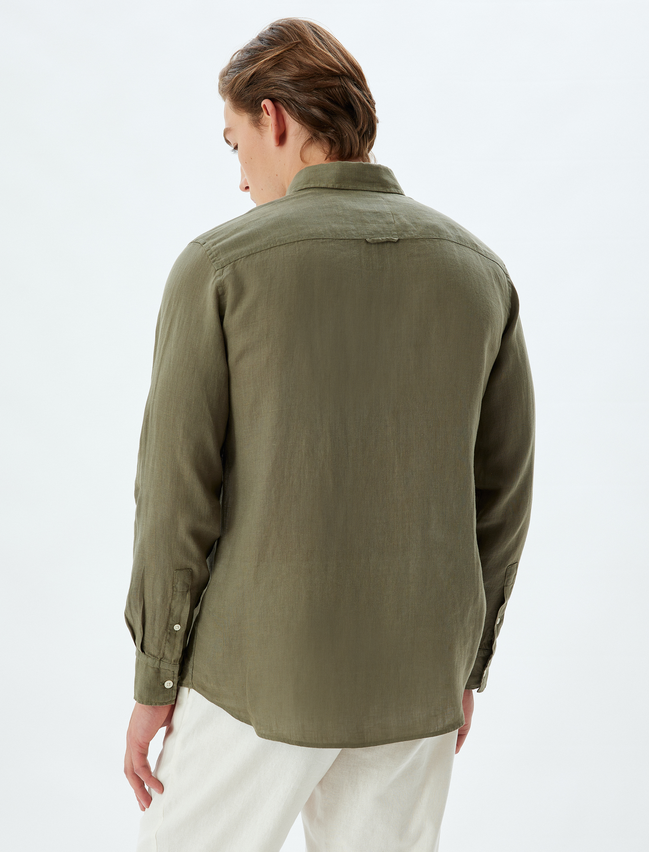   Keten Gömlek Uzun Kollu Düğmeli Yaka Detaylı Regular Fit