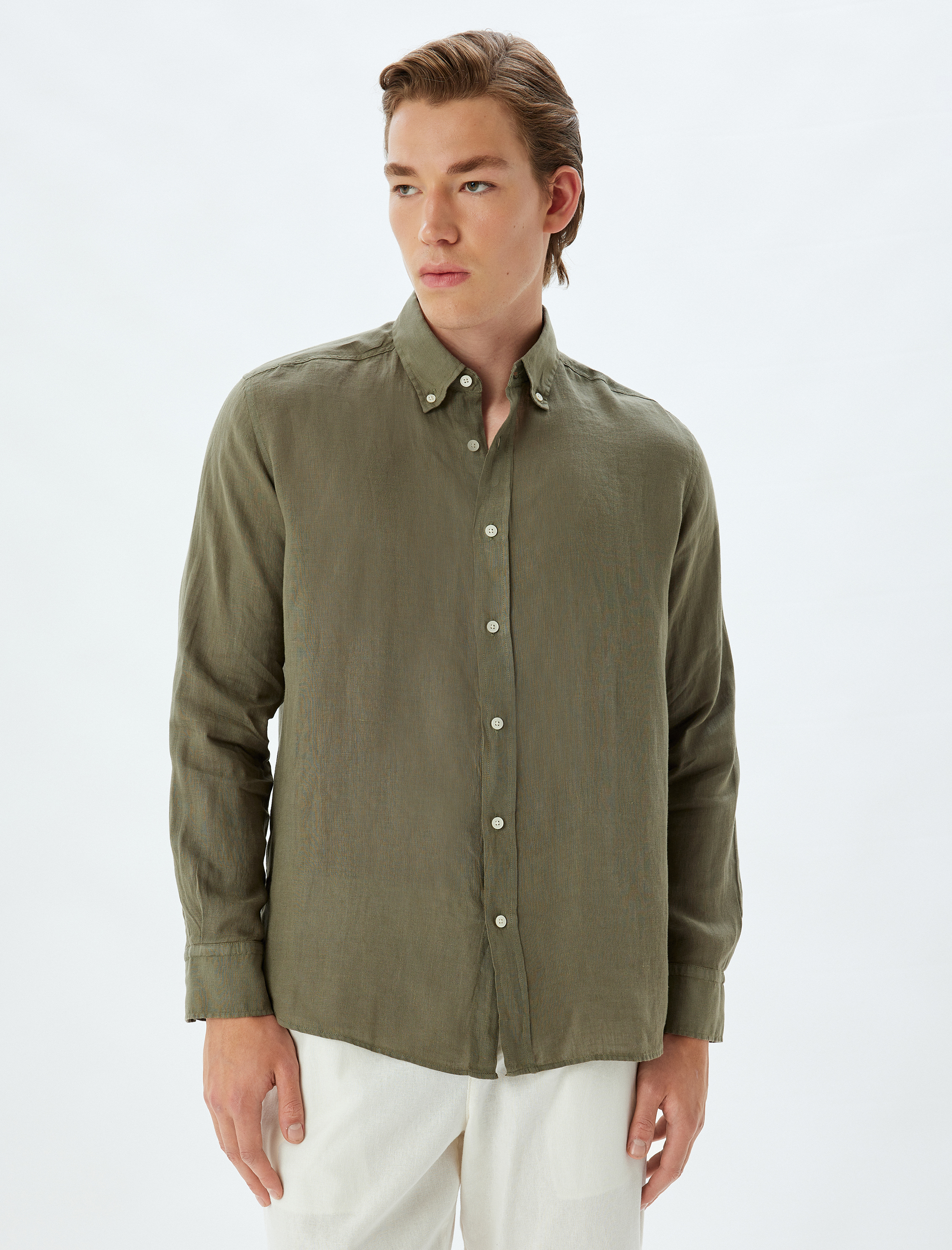   Keten Gömlek Uzun Kollu Düğmeli Yaka Detaylı Regular Fit