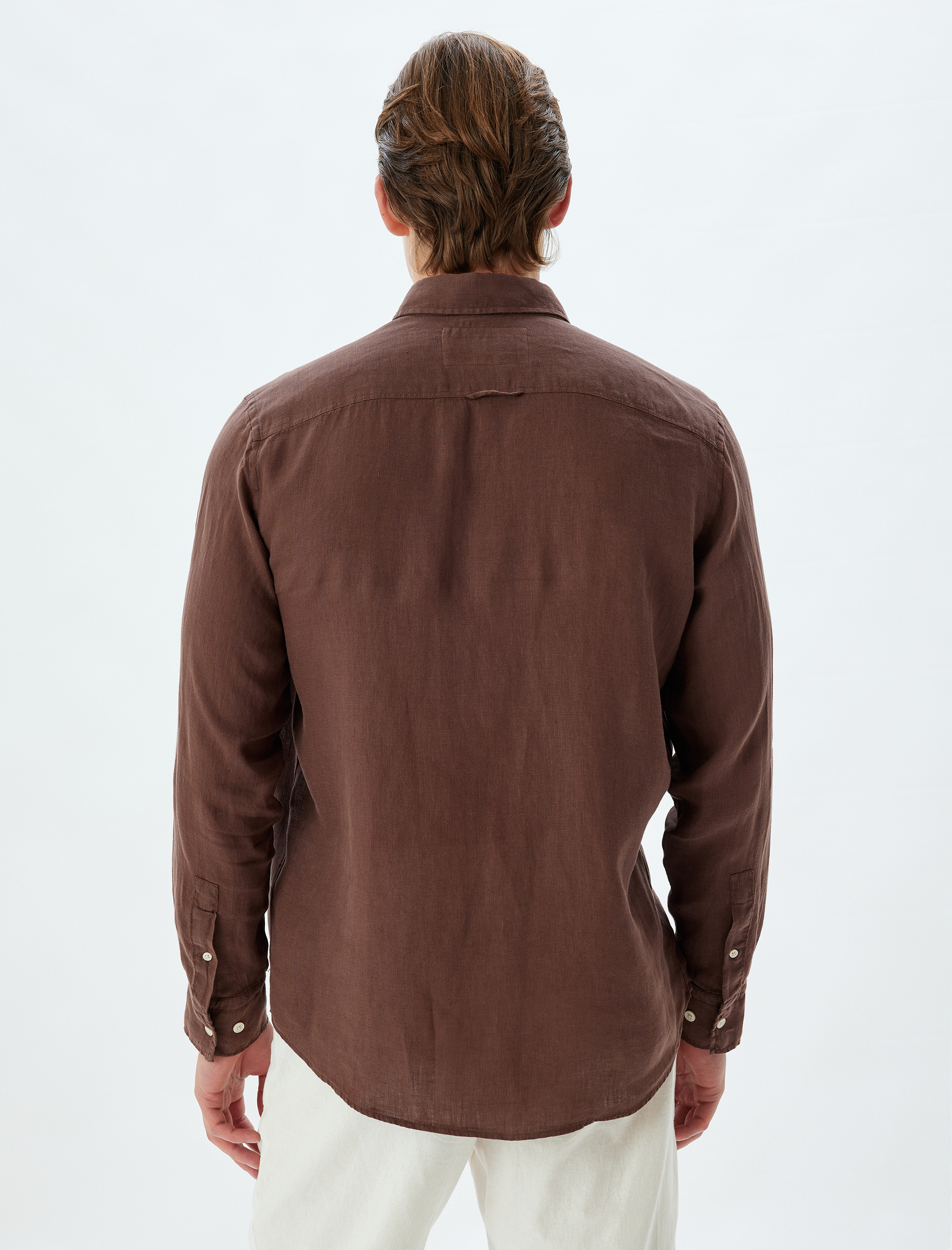   Keten Gömlek Uzun Kollu Düğmeli Yaka Detaylı Regular Fit