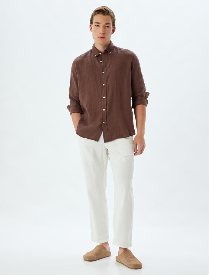  Keten Gömlek Uzun Kollu Düğmeli Yaka Detaylı Regular Fit