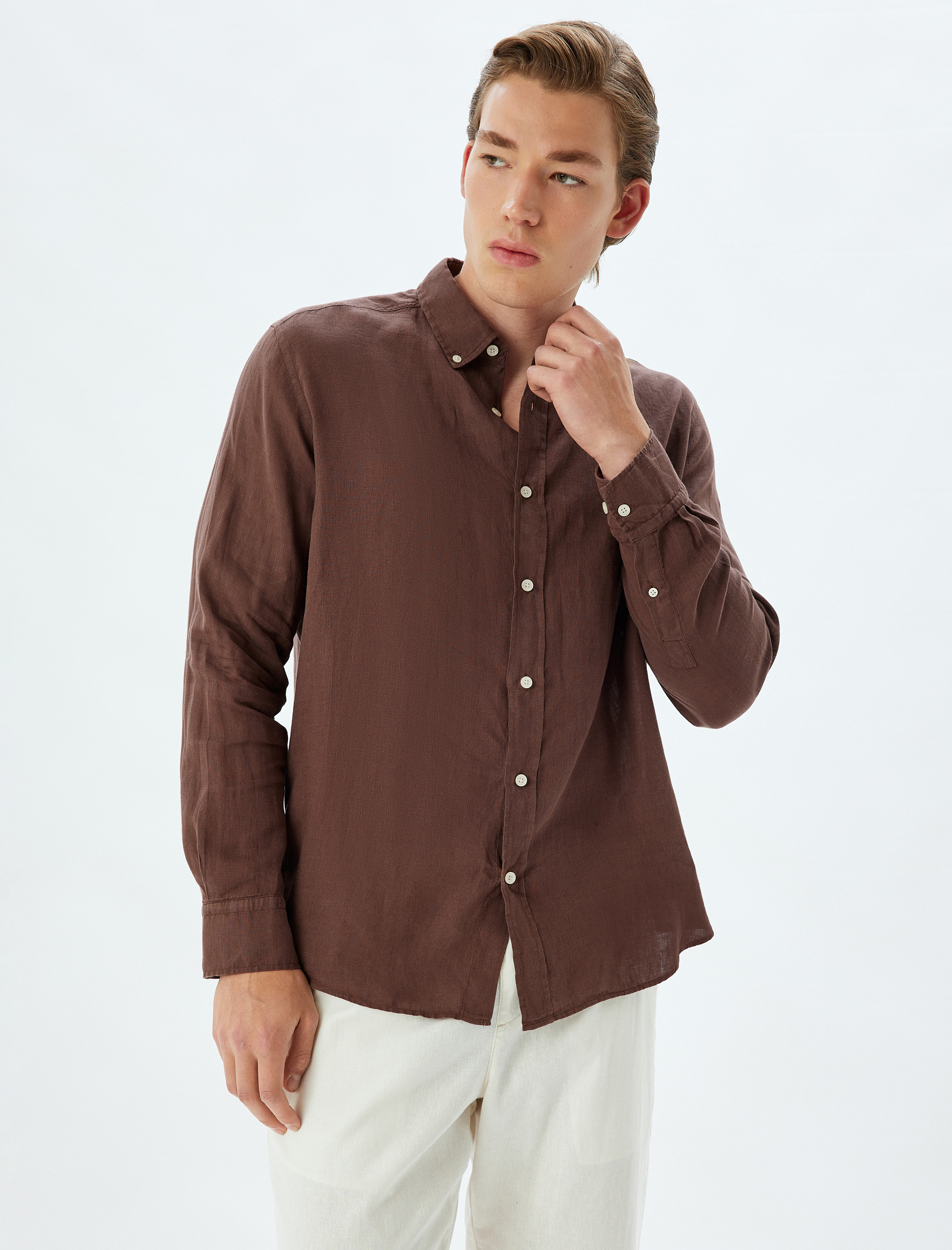   Keten Gömlek Uzun Kollu Düğmeli Yaka Detaylı Regular Fit