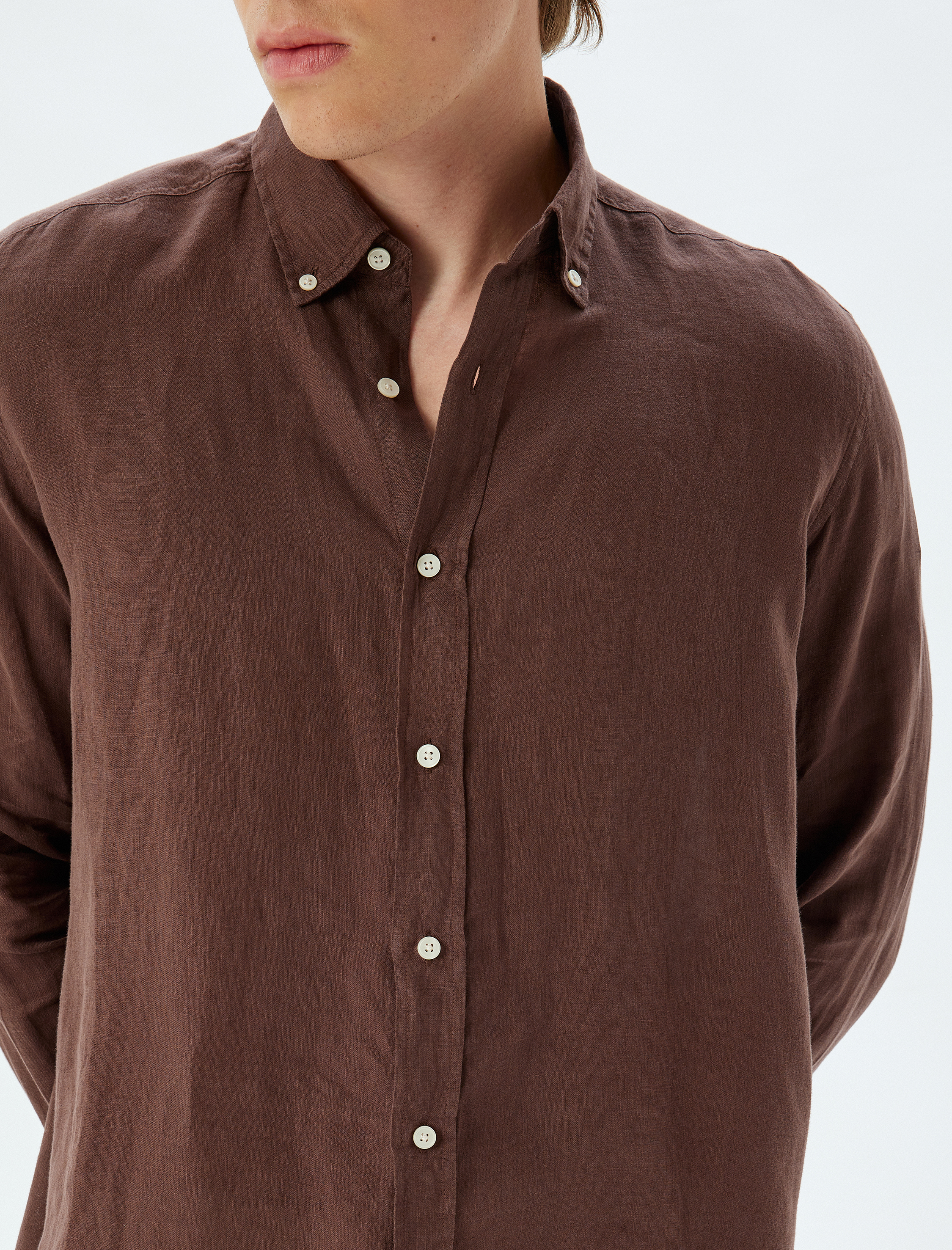   Keten Gömlek Uzun Kollu Düğmeli Yaka Detaylı Regular Fit