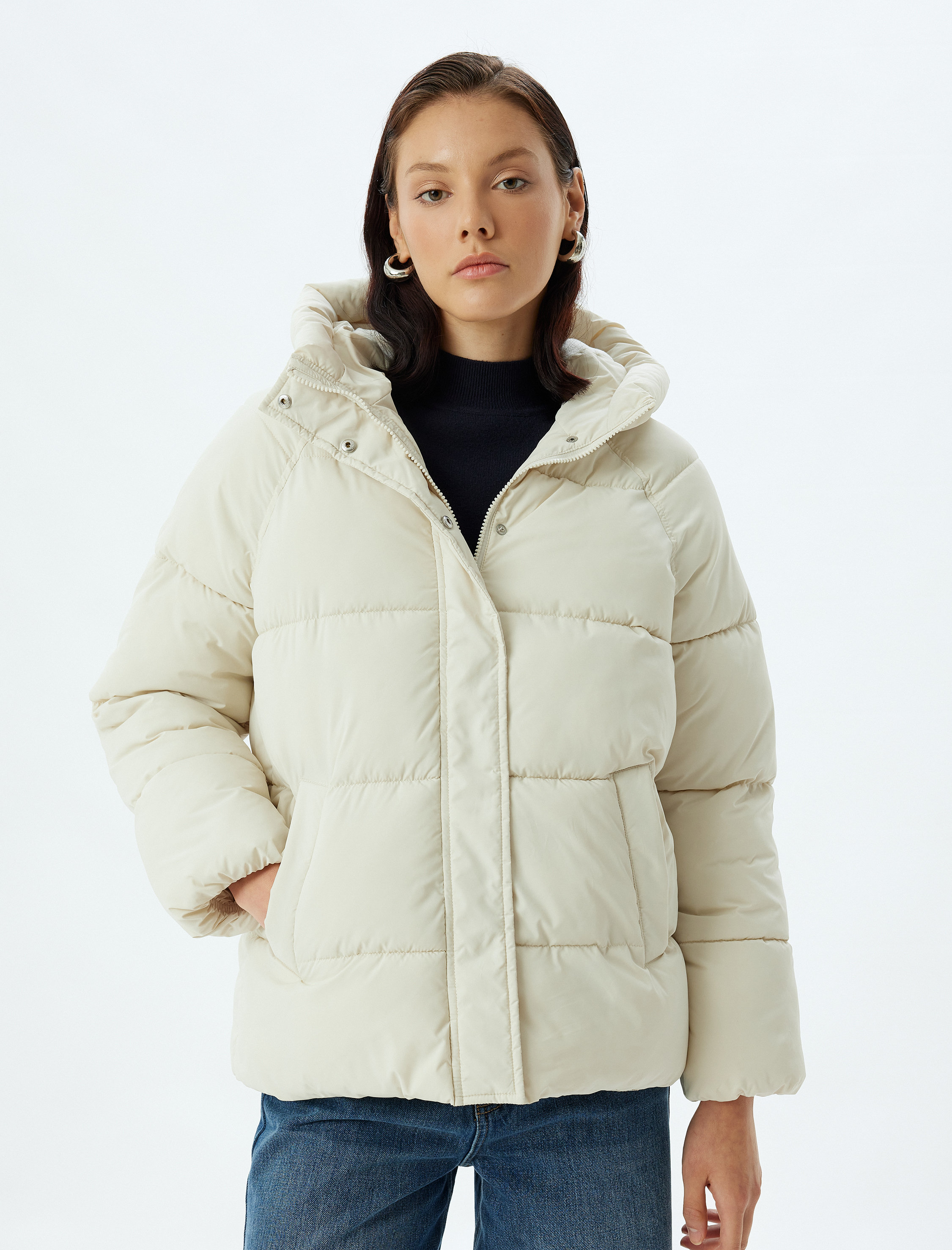   Oversize Şişme Mont İçi Polar Astarlı Su İtici Kapüşonlu Cepli