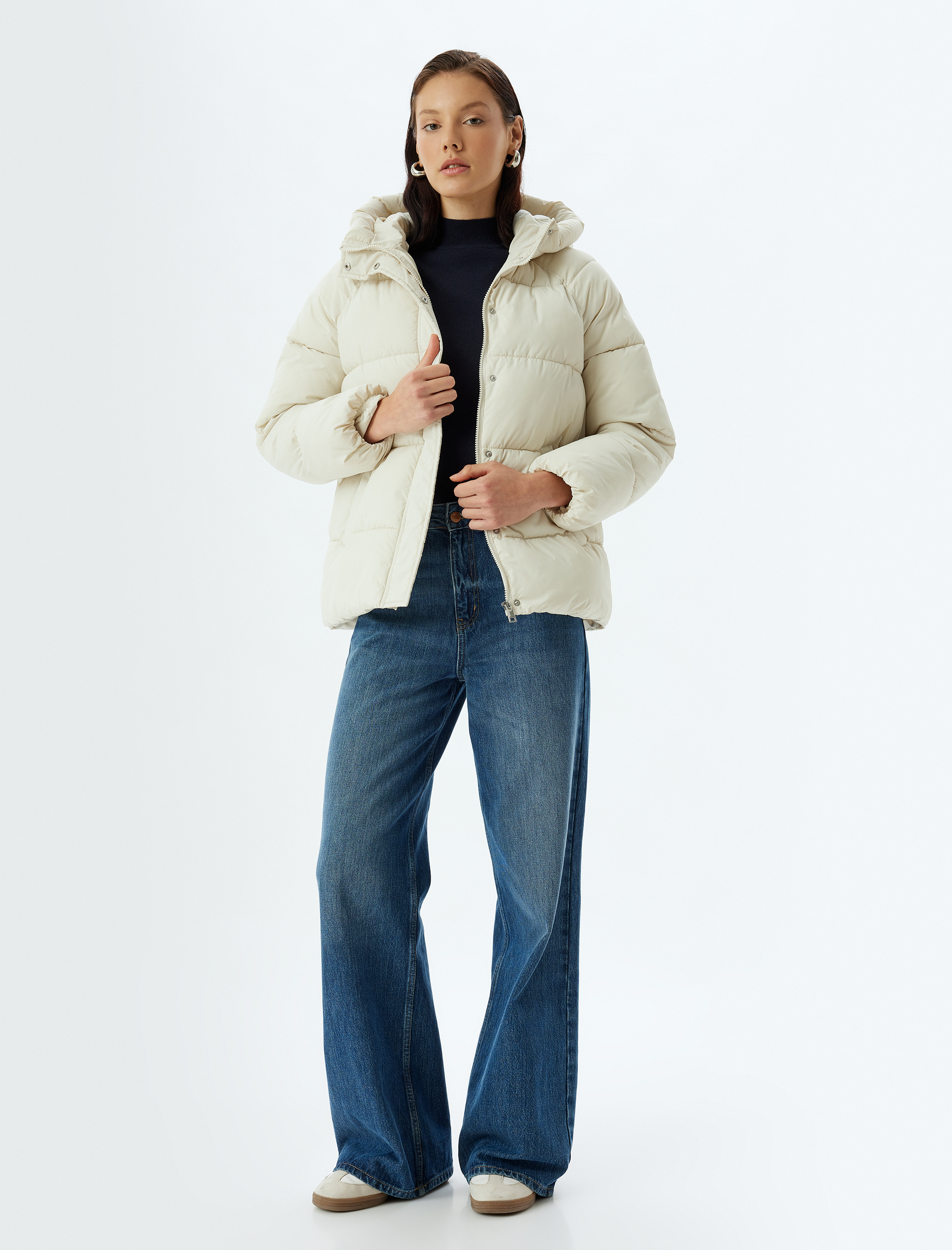   Oversize Şişme Mont İçi Polar Astarlı Su İtici Kapüşonlu Cepli