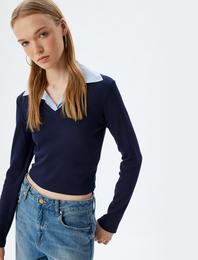 Gömlek Yaka Tişört Uzun Kollu Kaşkorse Pamuklu Slim Fit
