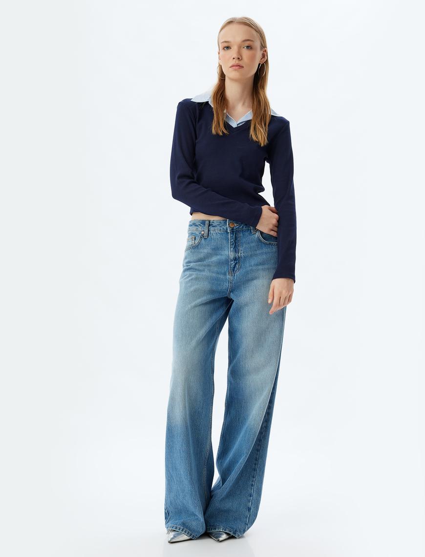   Gömlek Yaka Tişört Uzun Kollu Kaşkorse Pamuklu Slim Fit