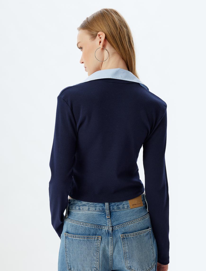   Gömlek Yaka Tişört Uzun Kollu Kaşkorse Pamuklu Slim Fit