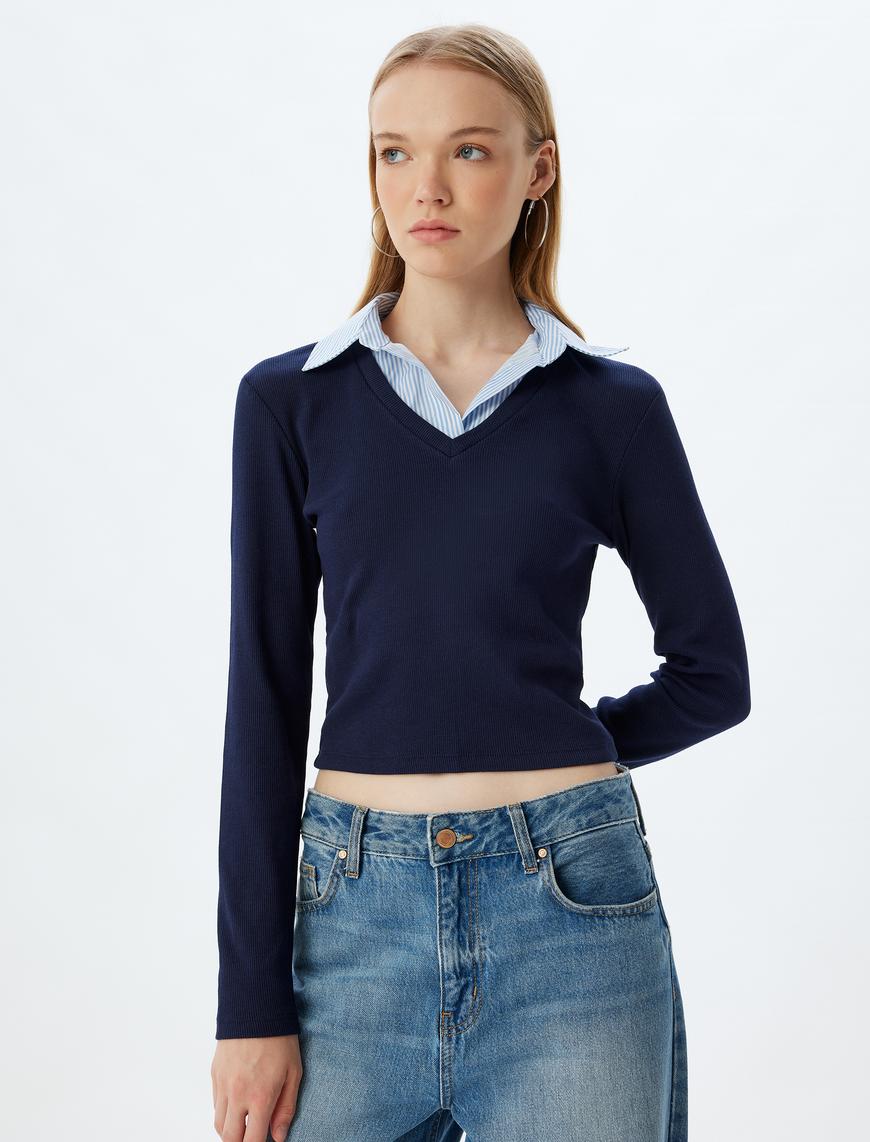   Gömlek Yaka Tişört Uzun Kollu Kaşkorse Pamuklu Slim Fit