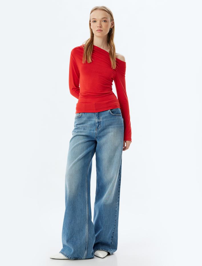  Uzun Kollu Bluz Drapeli Kayık Yaka Omzu Açık Slim Fit