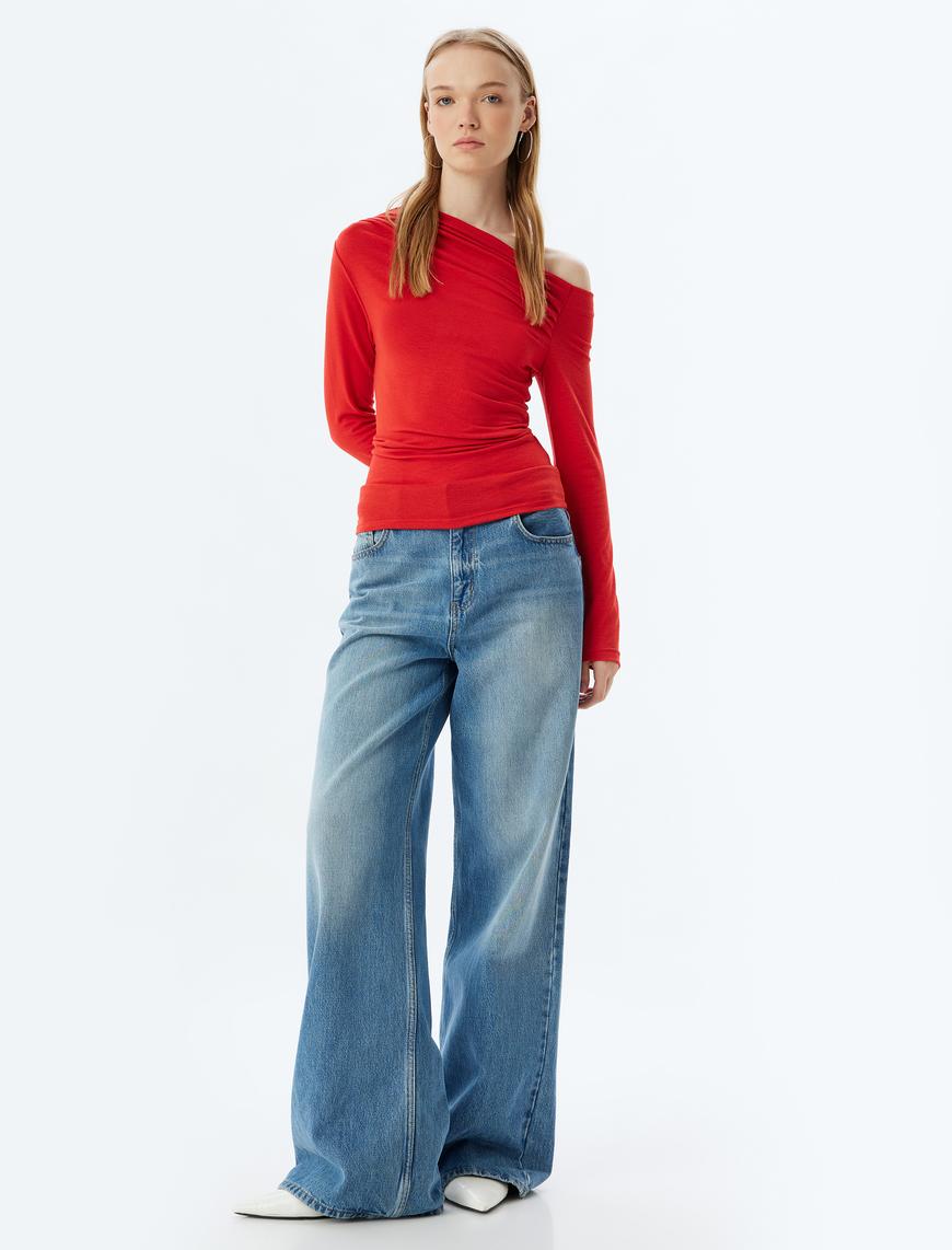   Uzun Kollu Bluz Drapeli Kayık Yaka Omzu Açık Slim Fit
